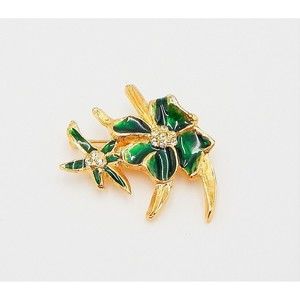 Giovanni Goldtone Floral Green Enamel Brooch Pin Rhinestone Signed
